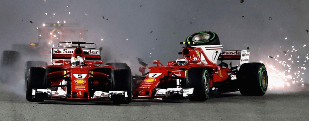Game Over: A photo of Vettel and Raikkonen colliding at the race start in Singapore.